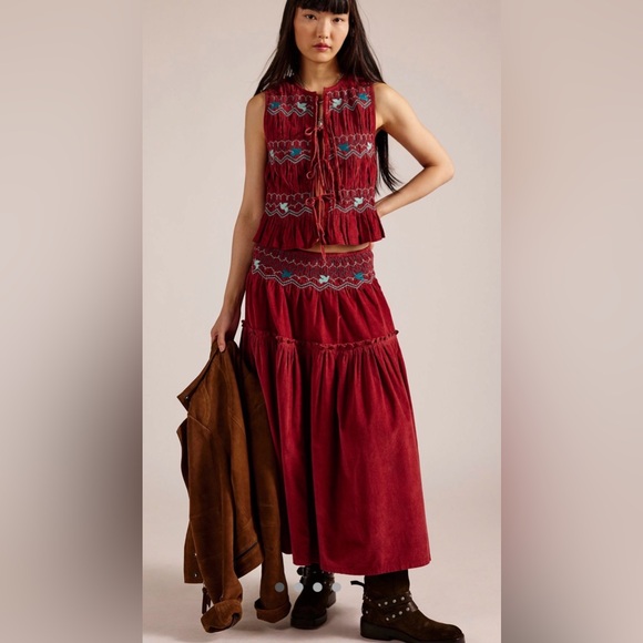 Free People Dresses & Skirts - NEW 2 Piece Set Free People Velvet Embroidered Tie Front Top & Midi Maxi Skirt